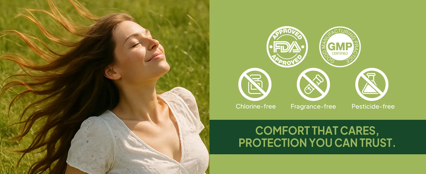 Woman feeling fresh with chlorine-free, fragrance-free cotton cover pads 