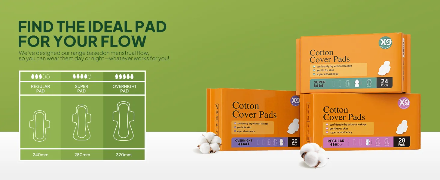 Cotton cover pads packs with day and night flow size chart
