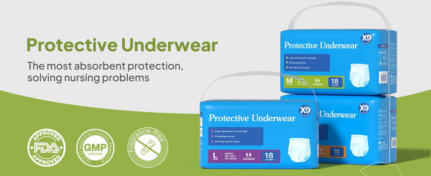 Protective underwear packs with FDA, GMP and fragrance-free logos