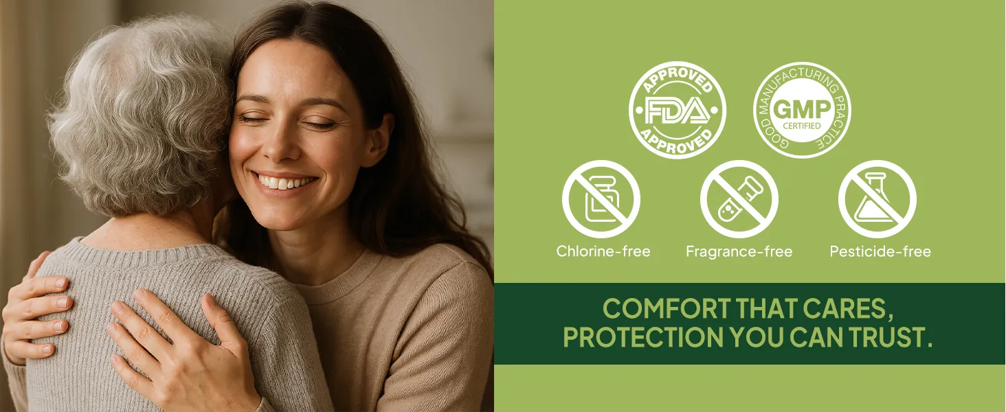 Caregiver hugging senior with certified chlorine-free adult diapers