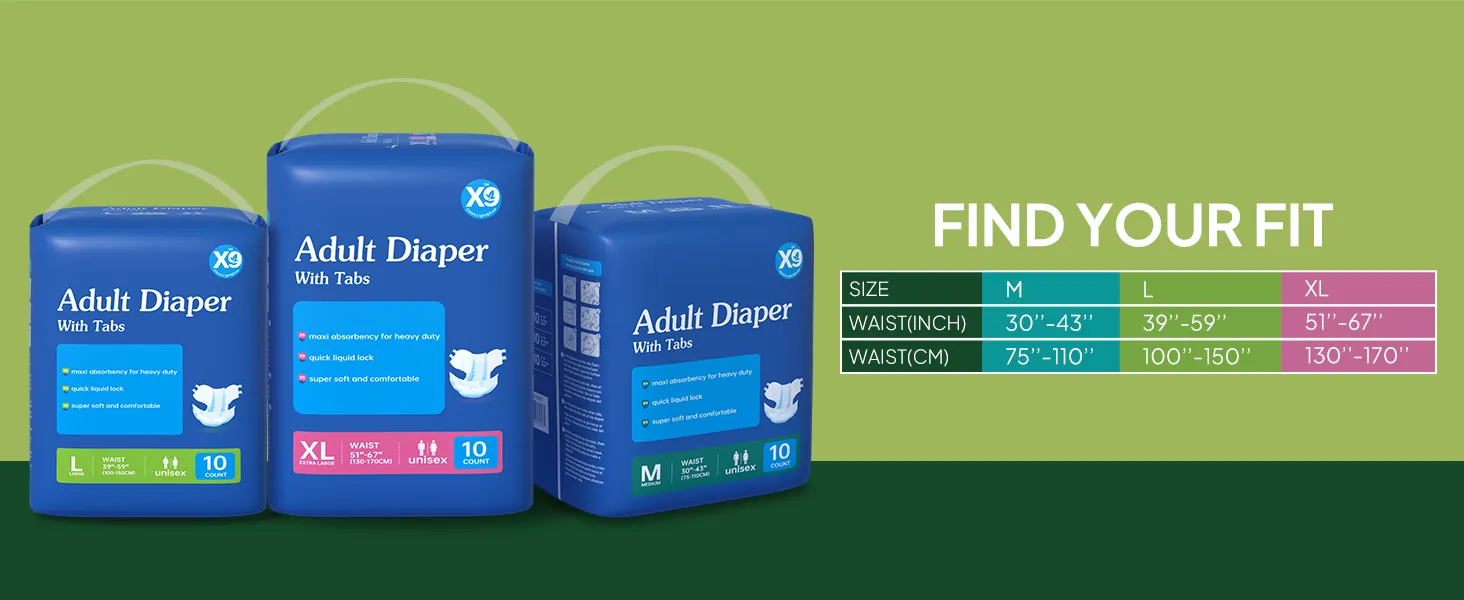 Adult diaper with tabs packs and M–XL waist size chart