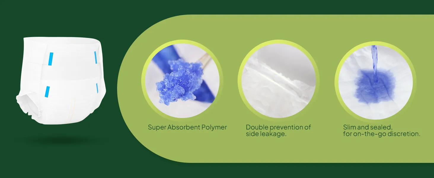 Adult diaper with SAP core, leak guards and liquid absorption