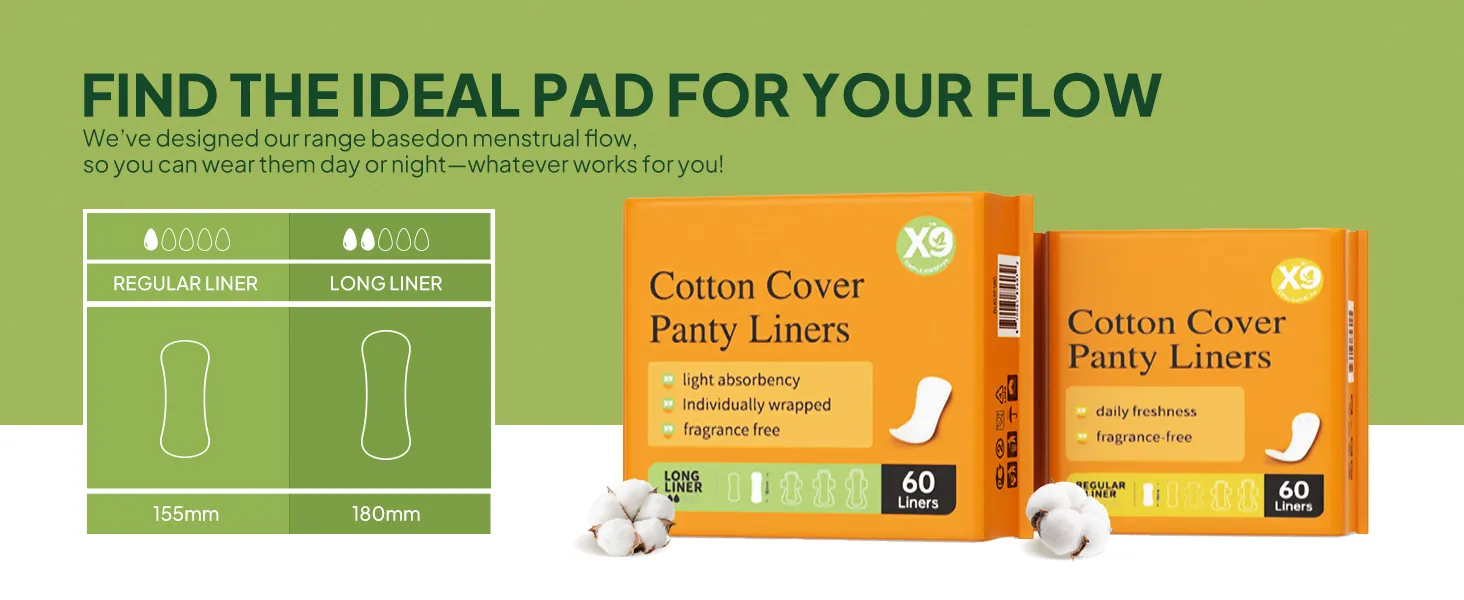 Cotton cover panty liners packs with 155mm regular and 180mm long size chart