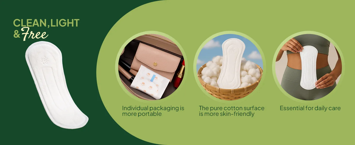 Cotton cover panty liner showing portable individual wrap, pure cotton surface and daily care use