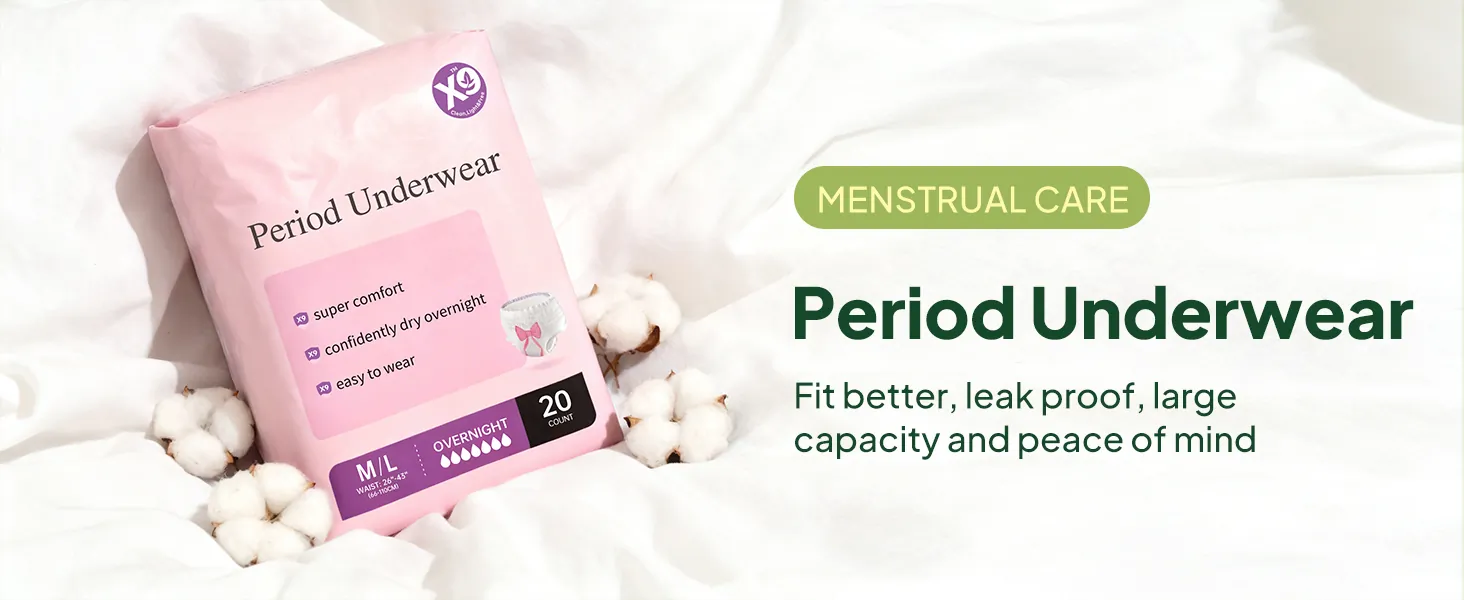 Period underwear pack on soft white bedding with cotton