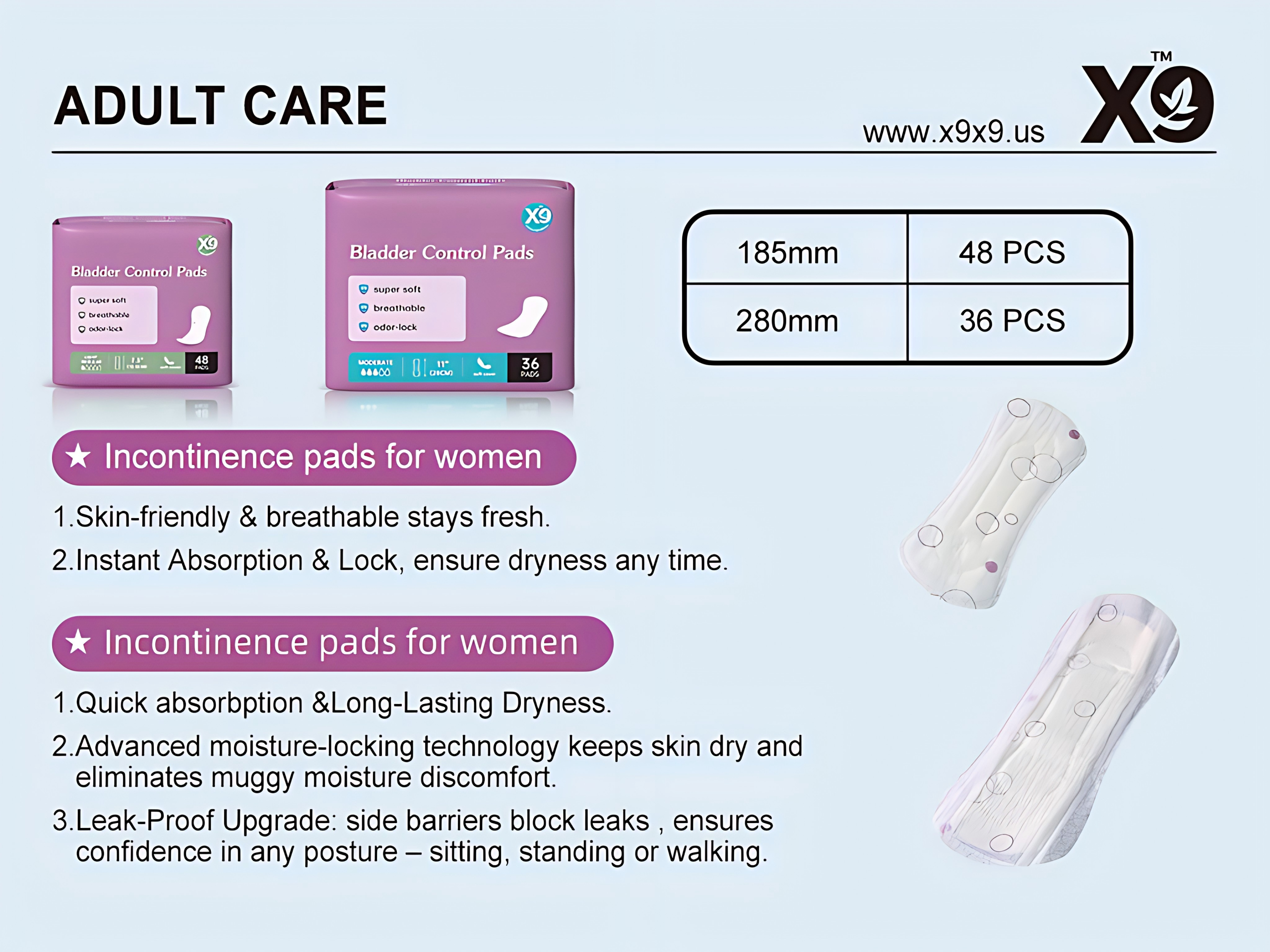 X9 280mm Extended Women Bladder Control Pads